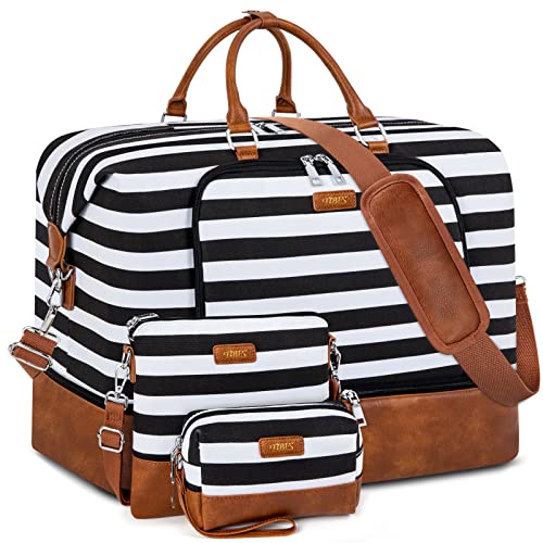 TIBES Travel Weekender Bag for Women, Overnight Bag with Shoe Compartment - color: L-Black & White Strips