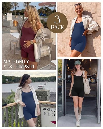 3 Pack Women's Maternity Jumpsuit Shorts - color: Burgundy, Navy, Black, size: Medium