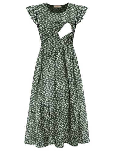 CzzzyL Women's Nursing Dress Flutter Sleeve Crew Neck Smocked Midi Pockets - color: Floralgreen, size: Medium