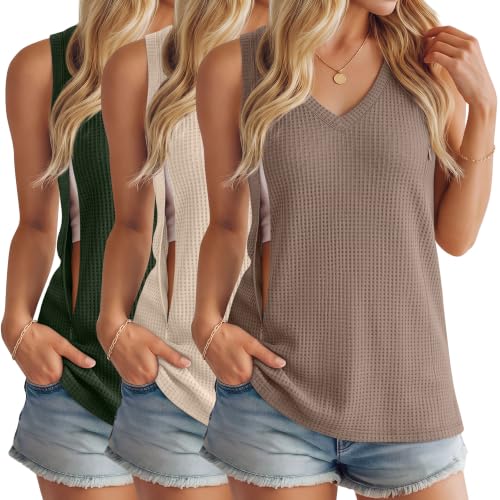 3 Pack Women's Waffle Nursing Tank Tops - color: Army Green, Cream, Coffee, size: Large