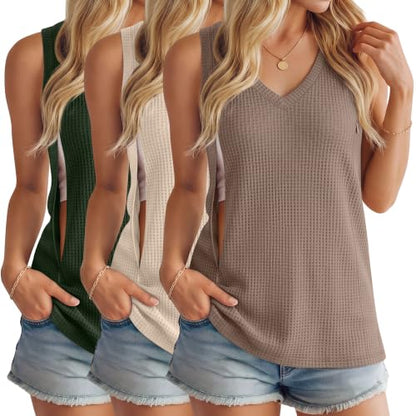 3 Pack Women's Waffle Nursing Tank Tops - color: Army Green, Cream, Coffee, size: Medium
