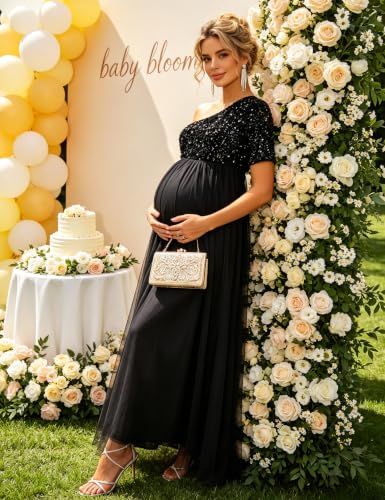 Maternity One Shoulder Sequin Short Sleeve Tulle Maxi Gown - color: Black, size: X-Large