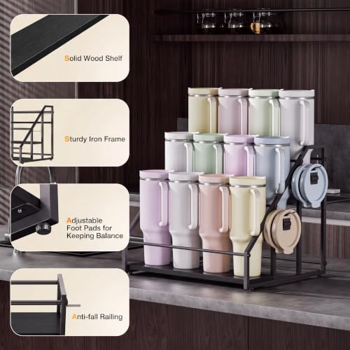 3-Tier Stanley Cup Holder for 12 Tumblers, Lid Organizer, Black Wood - size: 3Tier - Hold 12 -B