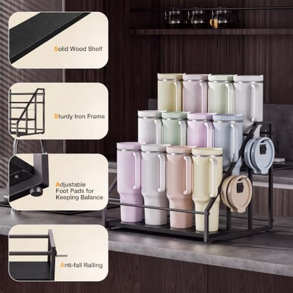 3-Tier Stanley Cup Holder for 12 Tumblers, Lid Organizer, Black Wood - size: 3Tier - Hold 12 -B