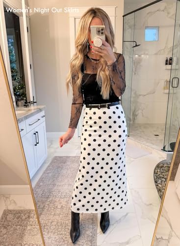 BLENCOT Womens High Waisted Long Mesh Polka Dot Maxi Skirt - color: Dot White, size: Medium