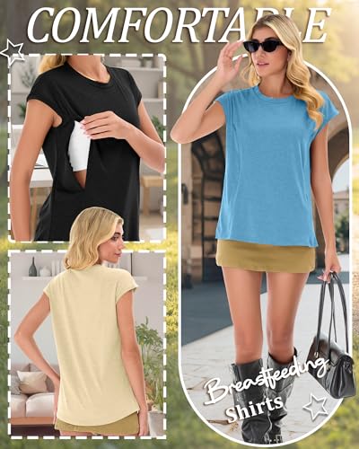 Ficerd 3 Pack Women's Nursing Cap Sleeve Shirts - color: Blue, Beige, Black, size: XX-Large