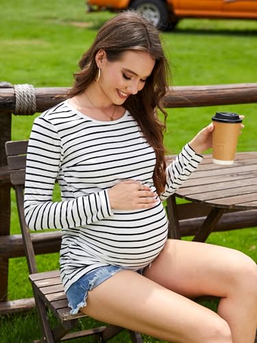 3 Pack Maternity Shirts Long Sleeve Crew Neck Pregnancy Top for Women - color: Black/Dark Green/White Stripe, size: Medium