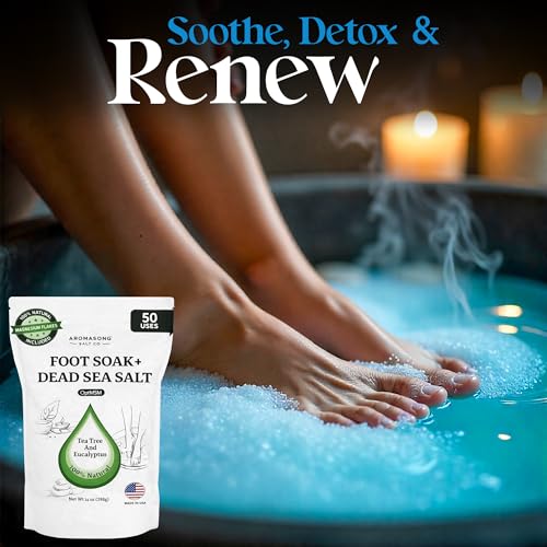 Aromasong Tea Tree Foot Soak with Magnesium Flakes & Dead Sea Salt, Natural Tea Tree Oil & Eucalyptus Scent, Foot Soaking Salts for Relaxation, Odor Control & Soft Skin, Packaging May Vary