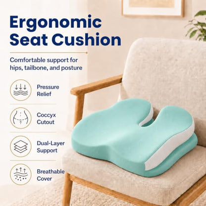 Memory Foam Ergonomic Seat Cushion for Office Chairs Pain Relief - color: Green Mesh