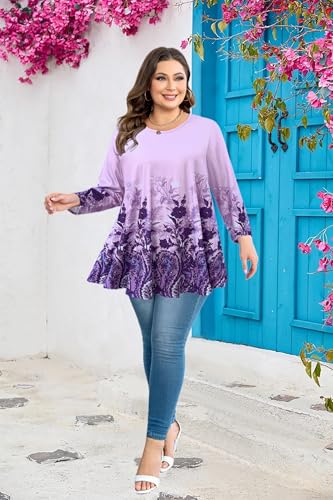 Plus Size Tops Womens Swing Tunic 3/4 Sleeve Flowy Long Blouses - color: Lavender Tunic Tops, size: 6X-Large
