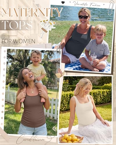3 Pack Maternity Tank Tops Pregnancy Shirts - color: Charcoal Gray, Apricot, Brown, size: Small