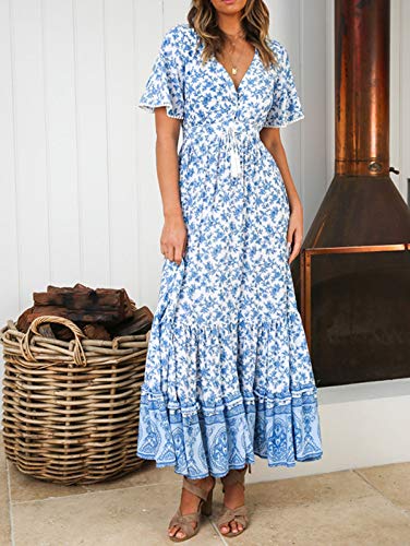 R.Vivimos Womens Summer V Neck Floral Print Boho Midi Dress - color: White, size: X-Large