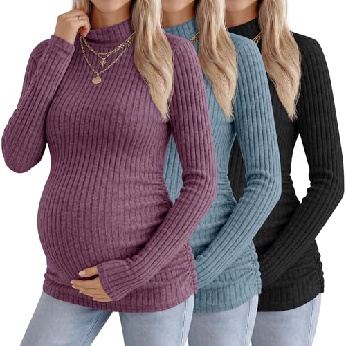 Neer 3 Pack Women's Maternity Mock Turtleneck Long Sleeve Tops - color: Fuchsia, Blue, Black, size: Large