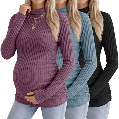 Neer 3 Pack Women's Maternity Mock Turtleneck Long Sleeve Tops - color: Fuchsia, Blue, Black, size: Large