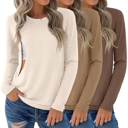 3 Pack Women's Nursing Tops Breastfeeding Shirts Fall - color: Apricot, Khaki, Coffee, size: Large