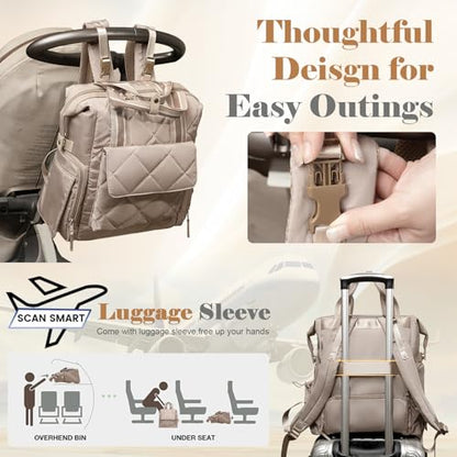 Omanmoli Diaper Bag Backpack Quilted Baby Bag Travel Breast Pump Backpack - color: Khaki