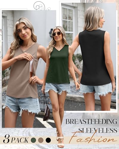 3 Pack Women's Waffle Nursing Tank Tops - color: Black, Army Green, Coffee, size: Large