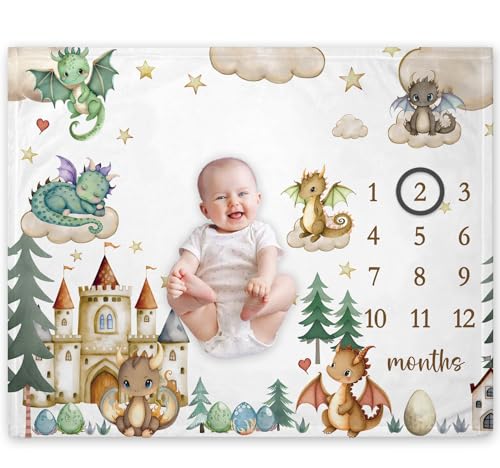 Boy Dragon Milestone Blanket, Dragon Fairy Tale Baby Monthly Blanket - color: Draogn