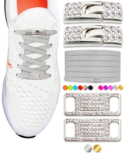 Elastic No Tie Shoe Laces with Bling Diamond Locks & Charms for Women's Sneakers - color: 08 Light Grey- Silver