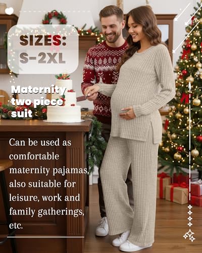 Women's 2 Piece Maternity Ribbed Pajama Outfit - color: Apricot, size: Medium