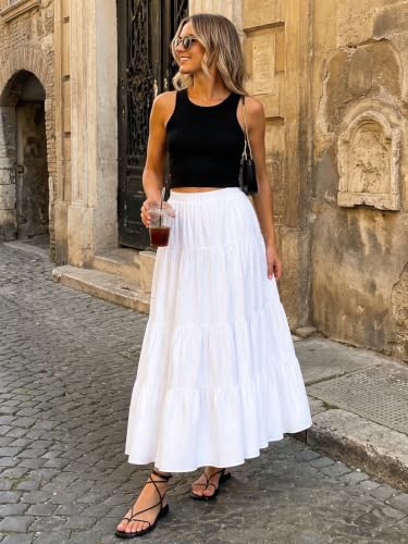 Women's White Maxi Skirt Summer Boho Long Flowy Pleated Tiered High Waist A-Line Flared Skirts - color: White, size: X-Small Short