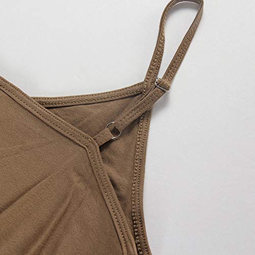 PRIMODA Women's Summer Casual Sleeveless V Neck Adjustable Spaghetti Strap Maxi Long Dress - color: Mocha, size: X-Large