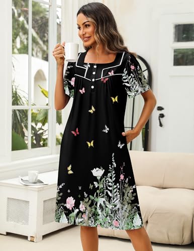 Ekouaer Women's House Dress with Pocket Button Mumus - color: Floral Butterfly, size: Medium