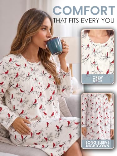 Casual Nights Women's Flannel Floral Long Sleeve Nightgown - color: White Snow Bird, size: Medium