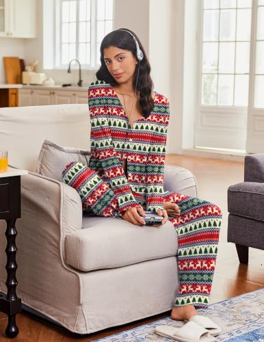 Ekouaer Womens Pajama Sets Button Up Long Sleeve Lounge Set Soft V Neck Pj - color: Chrismas Deer, size: XX-Large