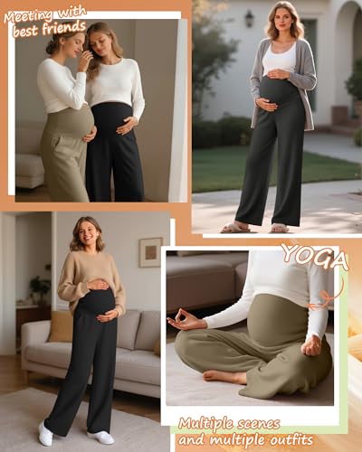 Oakgarden 3 Pack Women's Fleece Maternity Pants - color: Khaki, Charcoal Gray, Black, size: Large