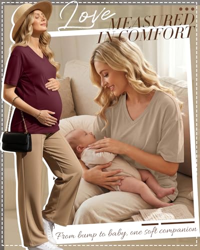 4 Pack Women's Oversize Nursing Tops - color: Wine Red, Khaki, Light Gray, Black, size: XX-Large