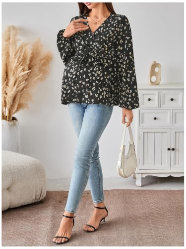 MakeMeChic Women's Maternity Blouse V Neck Long Sleeve Ruffle Peplum Top - color: Black Cheetah, size: X-Large