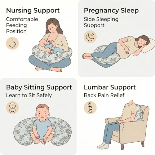 Nursing Pillow and Body Positioner for Breast Feeding and Bottle Feeding, Ultra Soft Breastfeeding Pillows with Removable Pillow Cover (Grey-Green Leaf) - color: Grey-green Leaf