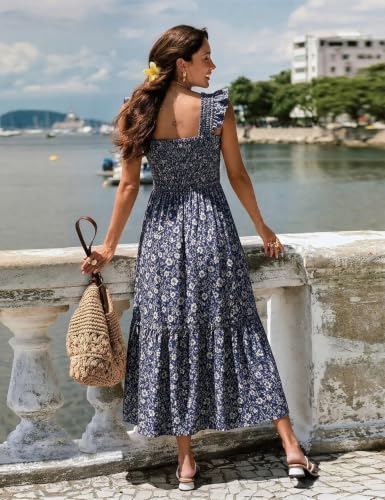 Women Summer Casual Midi Dress Square Neck Button Down Smocked Ruffle Strap Flowy Split Beach Sundress Pockets - color: Blue Floral, size: Small