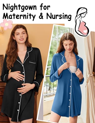 Ekouaer 2 Pack Nightgowns for Women Long Sleeve Button Down Sleep Shirt - color: Black/Blue, size: Medium