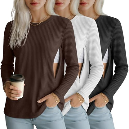 3 Pack Womens Long Sleeve Nursing Shirts, Ribbed Knit - color: Brown, White, Black, size: X-Large