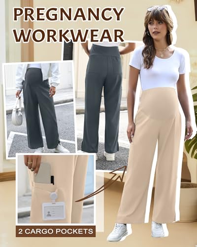 2 Pack Women's Maternity Scrub Pants with 6 Pockets - color: Dark Gray, Khaki, size: XX-Large