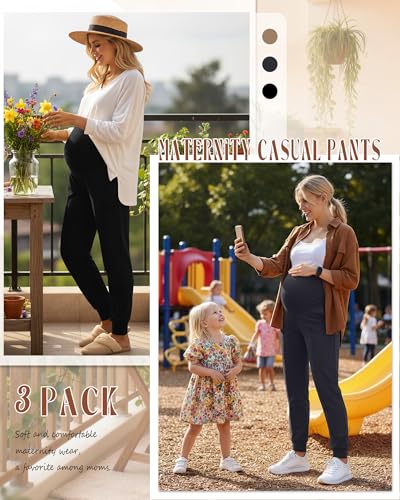 Oakgarden 3 Pack Women's Maternity Pants Over the Belly Joggers - color: Black, Dark Gray, Khaki, size: XX-Large