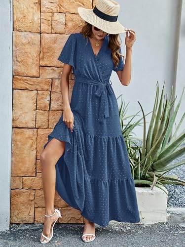 MASCOMODA Womens Summer Swiss Dot Maxi Dresses Wrap Boho Floral Long Dress - color: S-grey Blue, size: Medium