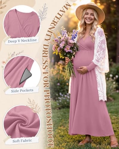 Neer 2 Pcs Maternity Maxi Dresses Long Sleeve Fall Nursing Dress - color: Sage Green, Dusty Pink, size: XX-Large