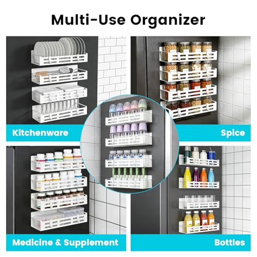 4 Pack Magnetic Baby Bottle Organizer for Refrigerator, Bottle Organizer Rack with 8 Hooks, Storage for Baby Bottles, Pacifiers, and Brushes, Also Suitable Stanley Cup Storage