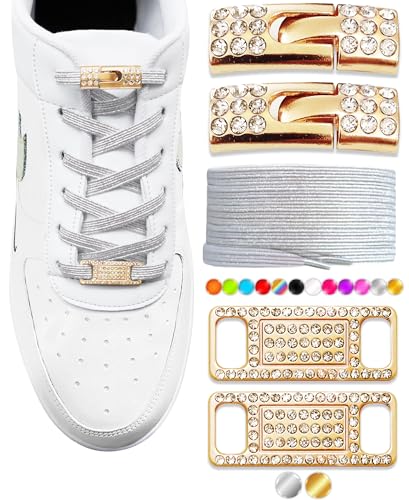 Elastic No Tie Shoe Laces with Bling Diamond Locks & Charms for Women's Sneakers - color: 01 Glitter White- Gold