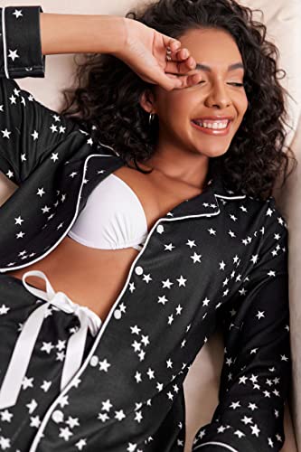 Ekouaer Women's Pajamas Long Sleeve Loungewear Casual Button Down Pjs - color: Black With Stars, size: Medium