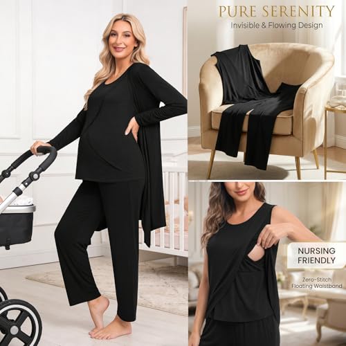 SWOMOG Maternity Nursing Robe Set 3 PCS Postpartum Breastfeeding Pajamas Hospital Pregnancy Pjs Double Layer Lounge Set - color: Black, size: Large