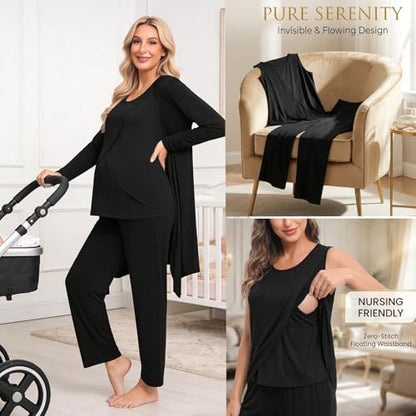 SWOMOG Maternity Nursing Robe Set 3 PCS Postpartum Breastfeeding Pajamas Hospital Pregnancy Pjs Double Layer Lounge Set - color: Black, size: Small