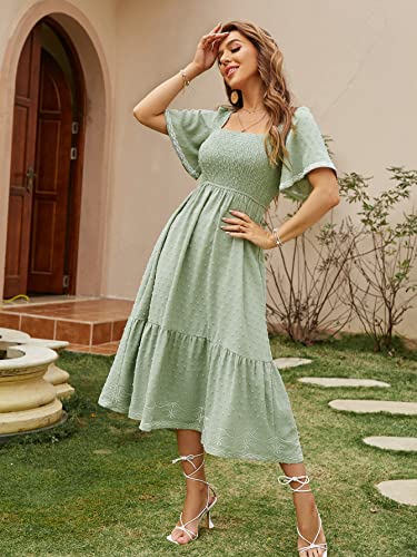 Glamaker Women's Short Sleeve Smocked Square Neck A Line Summer Flowy Maxi Long Dress - color: 01-green, size: X-Large