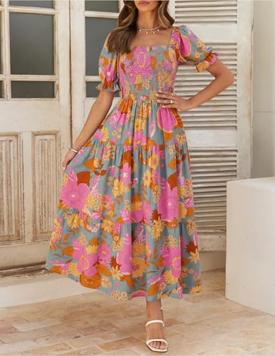 ZESICA Womens 2026 Summer Boho Floral Ruffle Maxi Dress - color: Greygreen, size: Medium