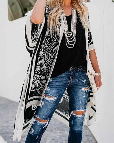 Women's Kimono Swimsuit Coverups Summer Beach Loose Cardigans for Swimwear - color: Black Boho, size: Medium
