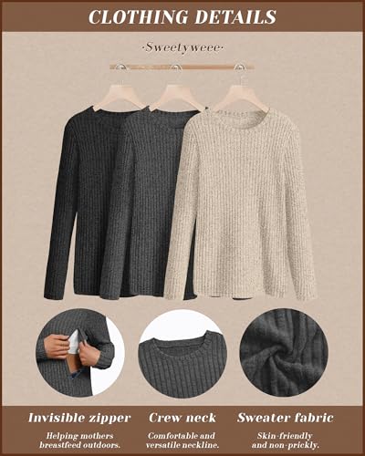 3 Pack Maternity Nursing Ribbed Long Sleeve Tops - color: Black, Apricot, Dark Gray, size: Small