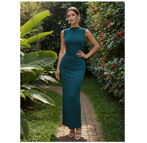 Bluetime Women's Ruched Bodycon Maxi Dresses Sleeveless Slim Fit Summer Dress Elegant Cocktail Slit Wedding Guest Dress - color: Dark Blue, size: Small